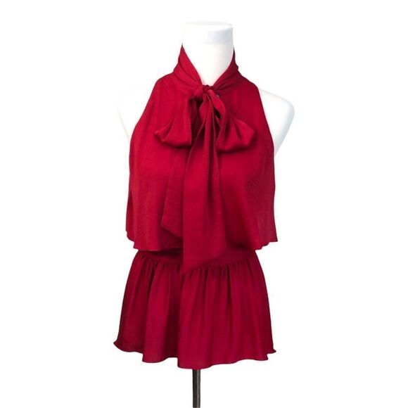 BCBGMaxAzria Celline Flowy Blouse in Sangria Red - Neck Tie - Sz S - Picture 2 of 12